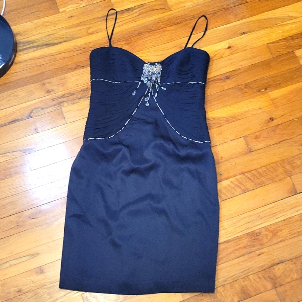 Escada black ruched beaded spaghetti straps  silk Cocktail wedding dress…